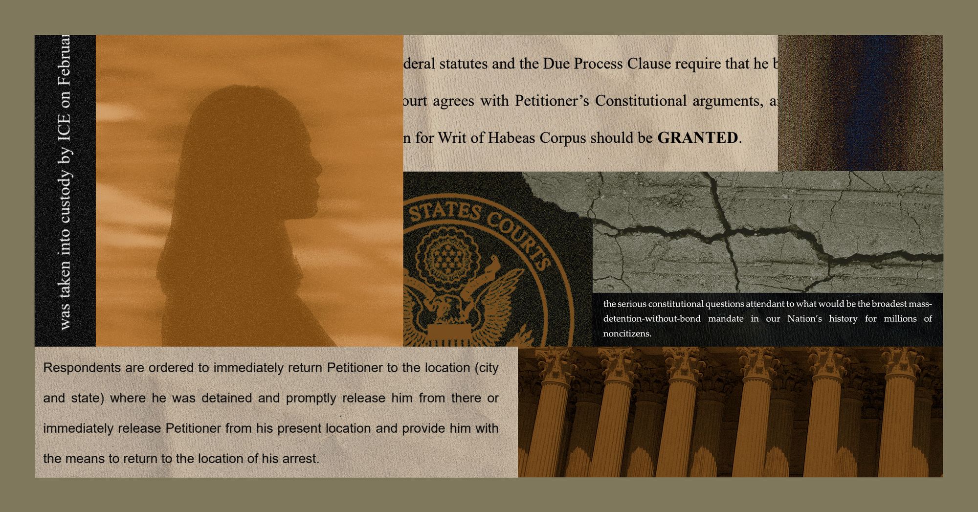 A collage shows images of clippings of court cases, a silhouette of a person with long hair, a logo of the U.S. District Court for the Western District of Missouri, an image of cracked pavement and an image of courthouse pillars. 
