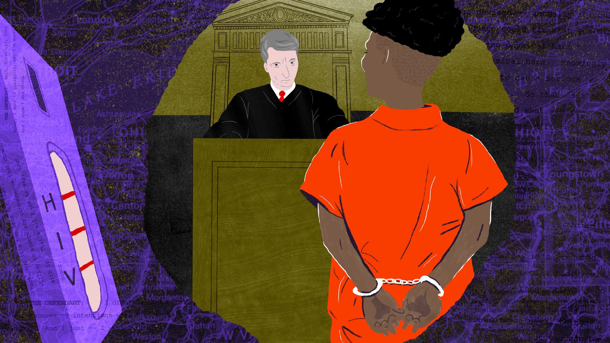 An illustration with a dark purple background featuring a map of Ohio shows a Black man with handcuffs and an orange jail jumpsuit turned toward an older, White male judge. On the left of the image is a representation of an HIV test. 