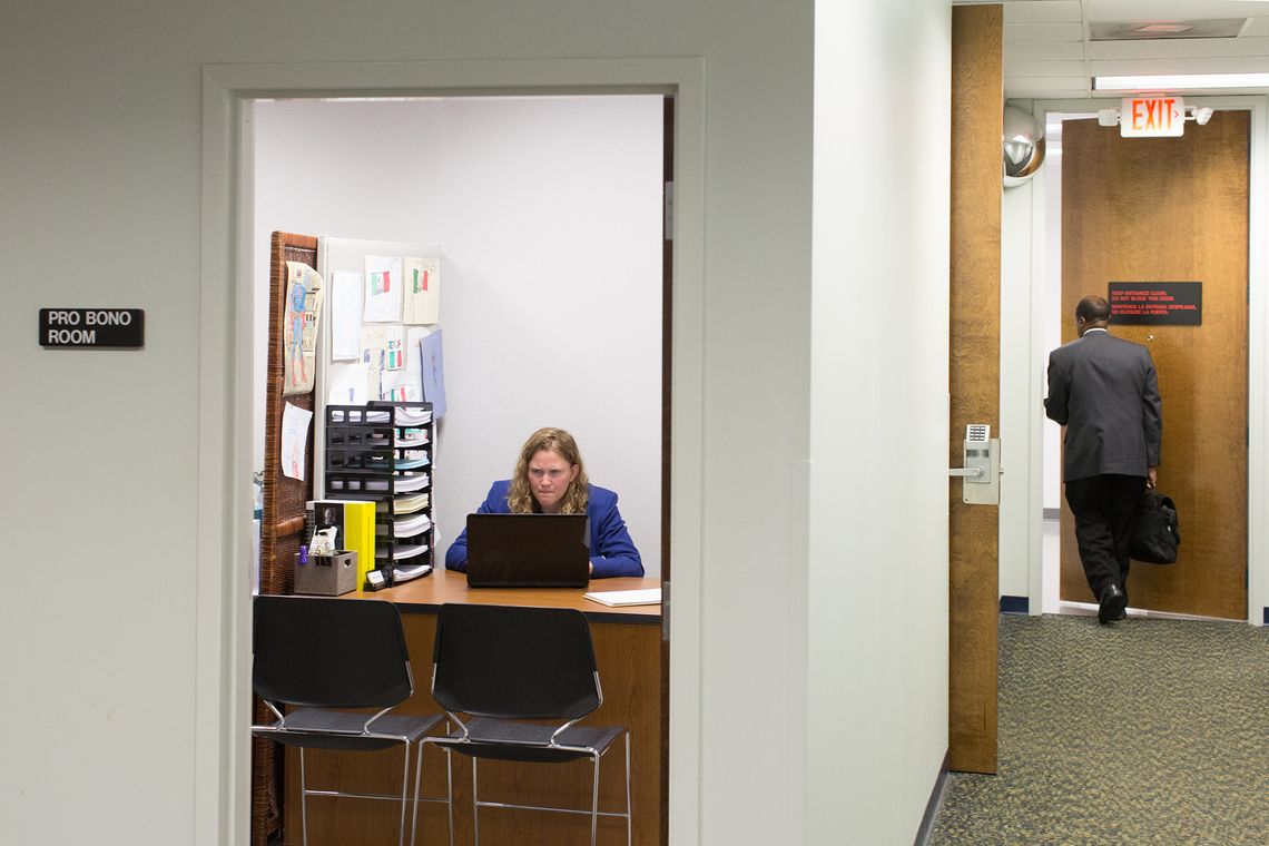 Kathryn Coiner-Collier, the Immigrant Assistance Project Coordinator at Legal Services of Southern Piedmont, works at the pro bono office in Charlotte immigration court. She gives people basic information about what to expect in court. 
