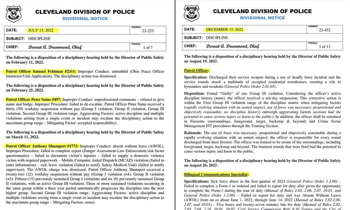 Screenshot of a Cleveland Division of Police disciplinary notice with names and badge numbers on the left, and a screenshot of another disciplinary notice without names and badge numbers on the right. 