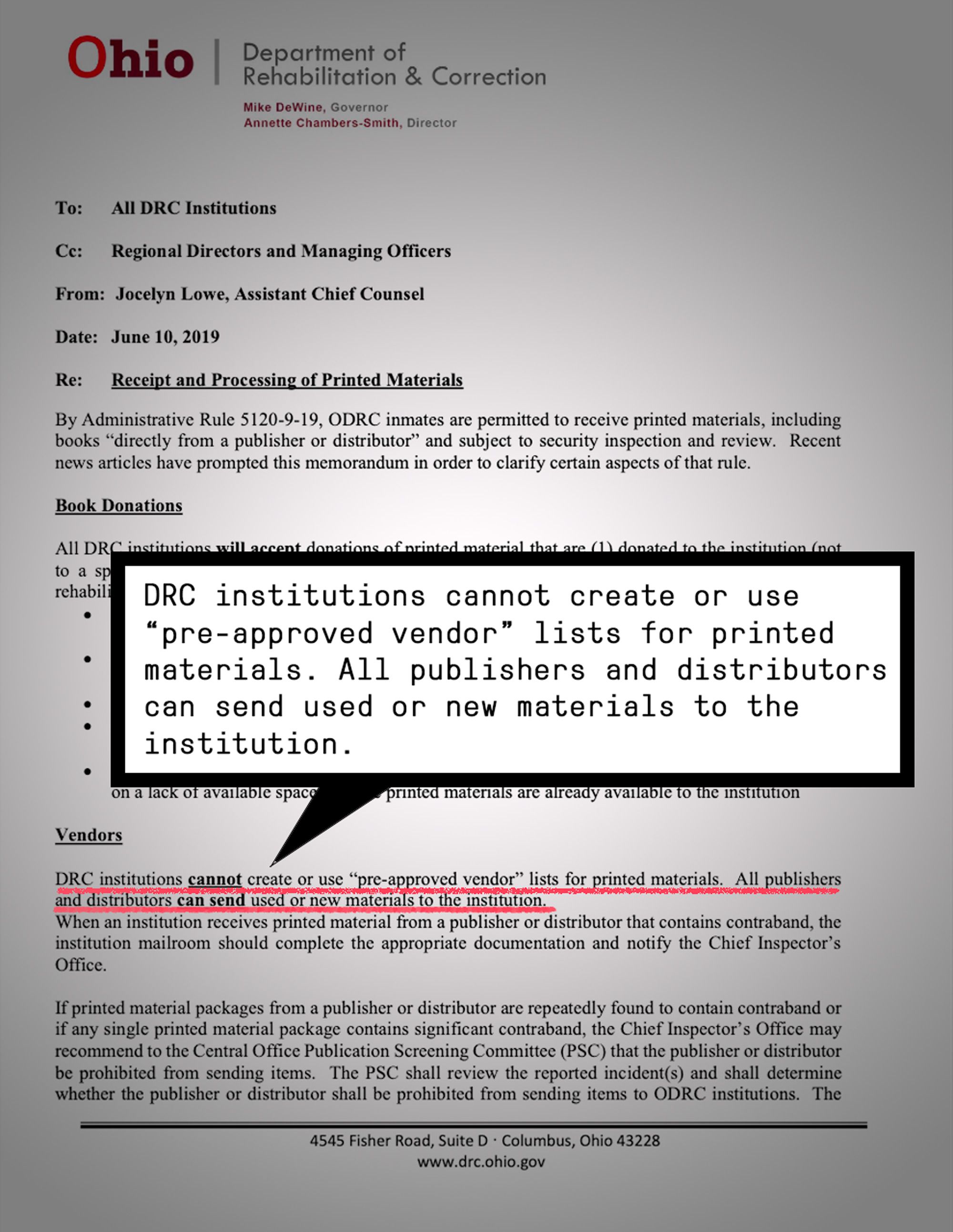 Policy memo with highlighted text that reads: “All Department of Rehabilitation and Correction institutions will accept donations of printed material that are (1) donated to the institution (not to a specific inmate), and (2) that are not deemed to be detrimental to, or to pose a threat to the rehabilitation of inmates; the security of the institution; or, the good order of discipline of the institution.”