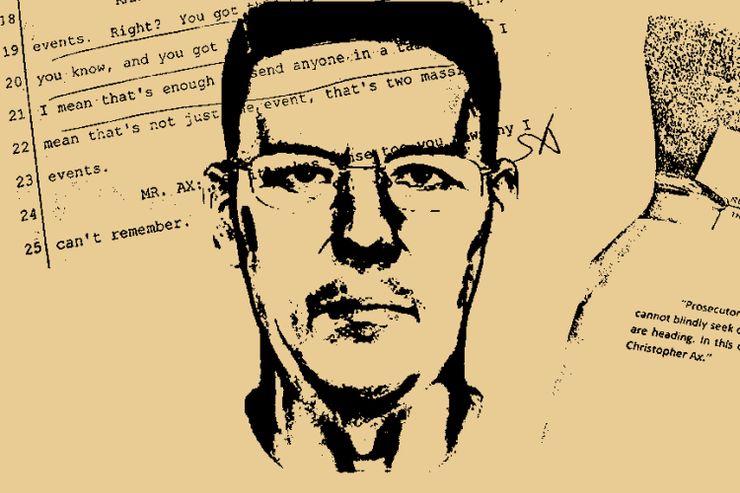 A police sketch of a face on a cream background layered on top of court documents