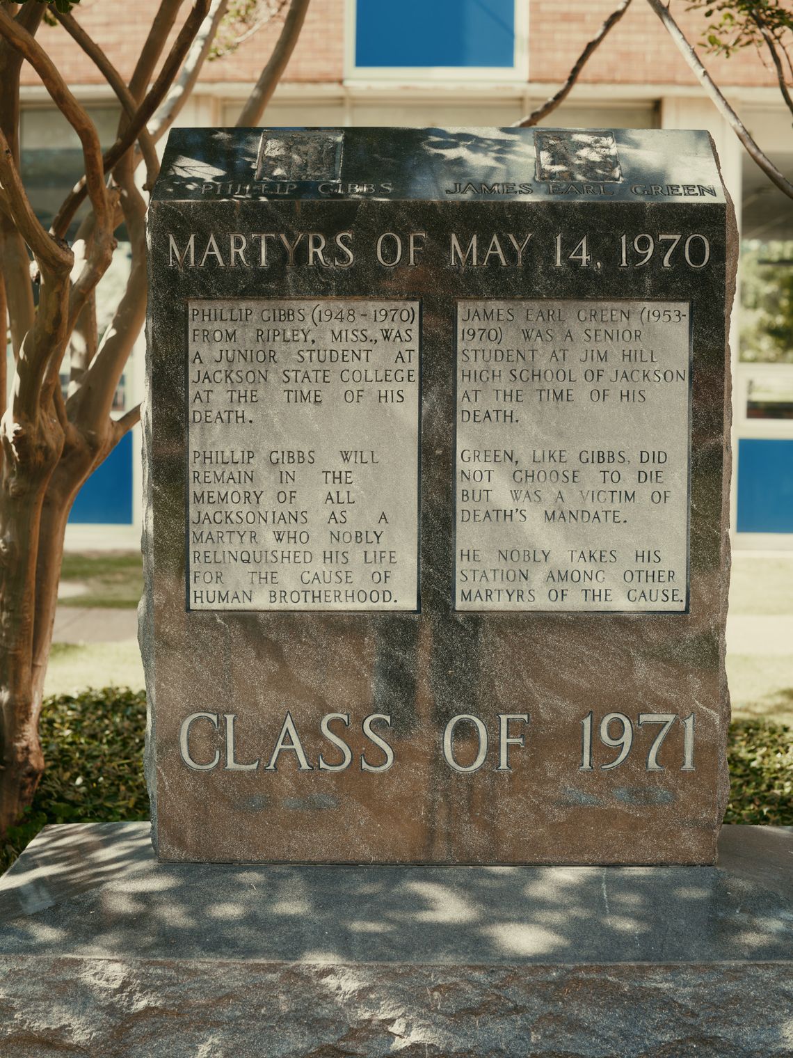 A photo shows a concrete monument with text about Phillip Gibbs and James Earl Green. The top of the monument reads “Martyrs of May 14, 1970.” 