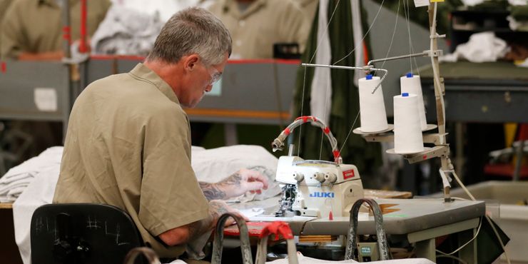 A worker at a federal prison factory in Edgefiled, S.C., in 2019.
