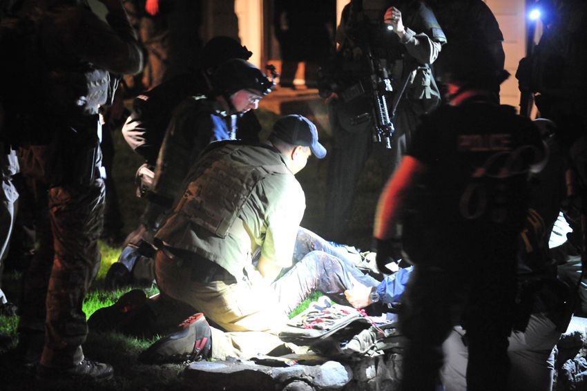 Dzhokhar Tsarnaev, surrounded by police, on April 19, 2013.