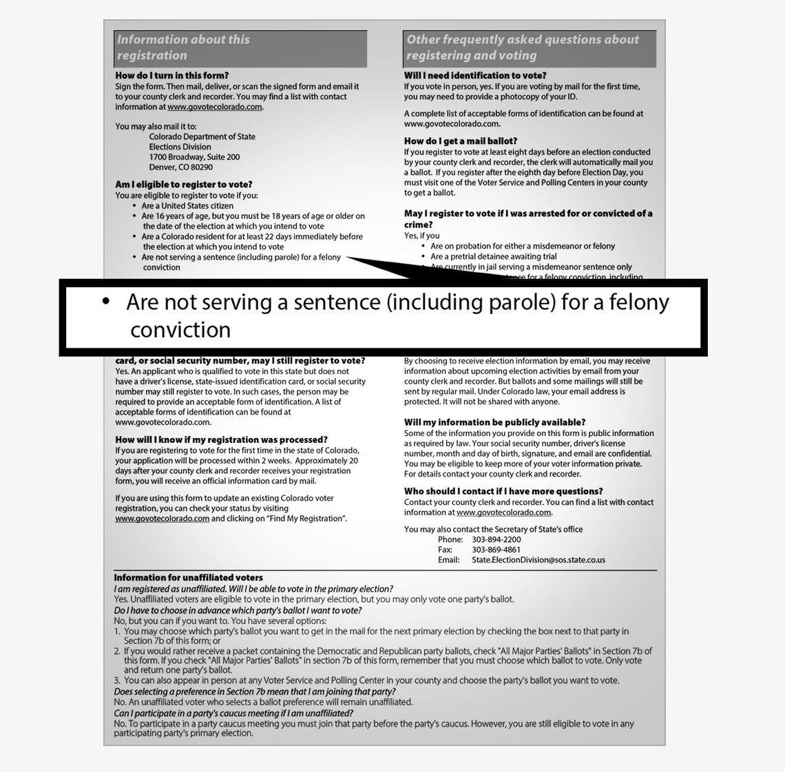 The voter registration form on the Denver city website incorrectly states that people serving parole are not eligible to register to vote.