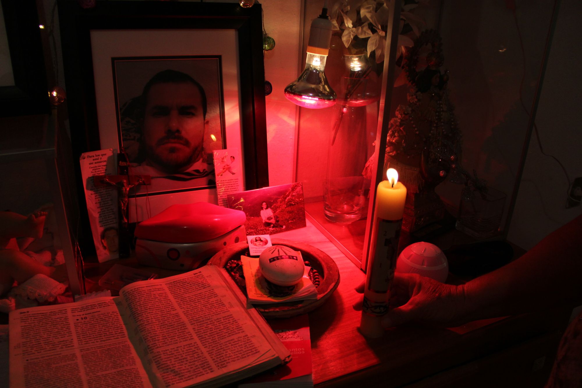 An altar to José de Jesús Deniz Sahagun in his old bedroom at his home in Jalisco, Mexico.  “What happened to my son?” said Elisa Deniz. “I want to know the truth, because doubt hurts more than a lie.”   