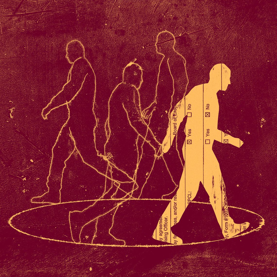 An illustration shows a yellow silhouette walking on top of a circle outline against a grunge burgundy and yellow background. Three yellow outlined silhouettes walk in different directions around the circle outline.