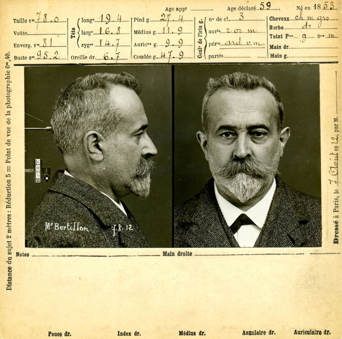 Alphonse Bertillon, a criminologist, developed the modern booking photograph — one frontal shot, one profile, in the late 19th century. 