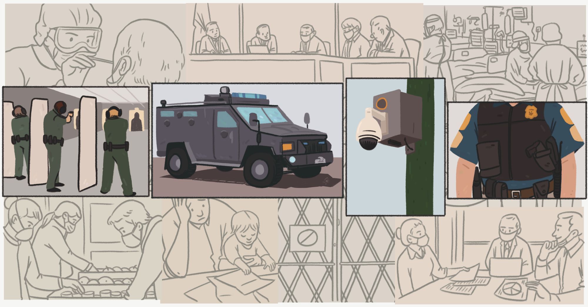 An illustration shows 4 boxes, containing: 1)three people at a shooting range, 2) an armored police vehicle, 3) a surveillance camera, and 4) a police officer wearing a vest. 