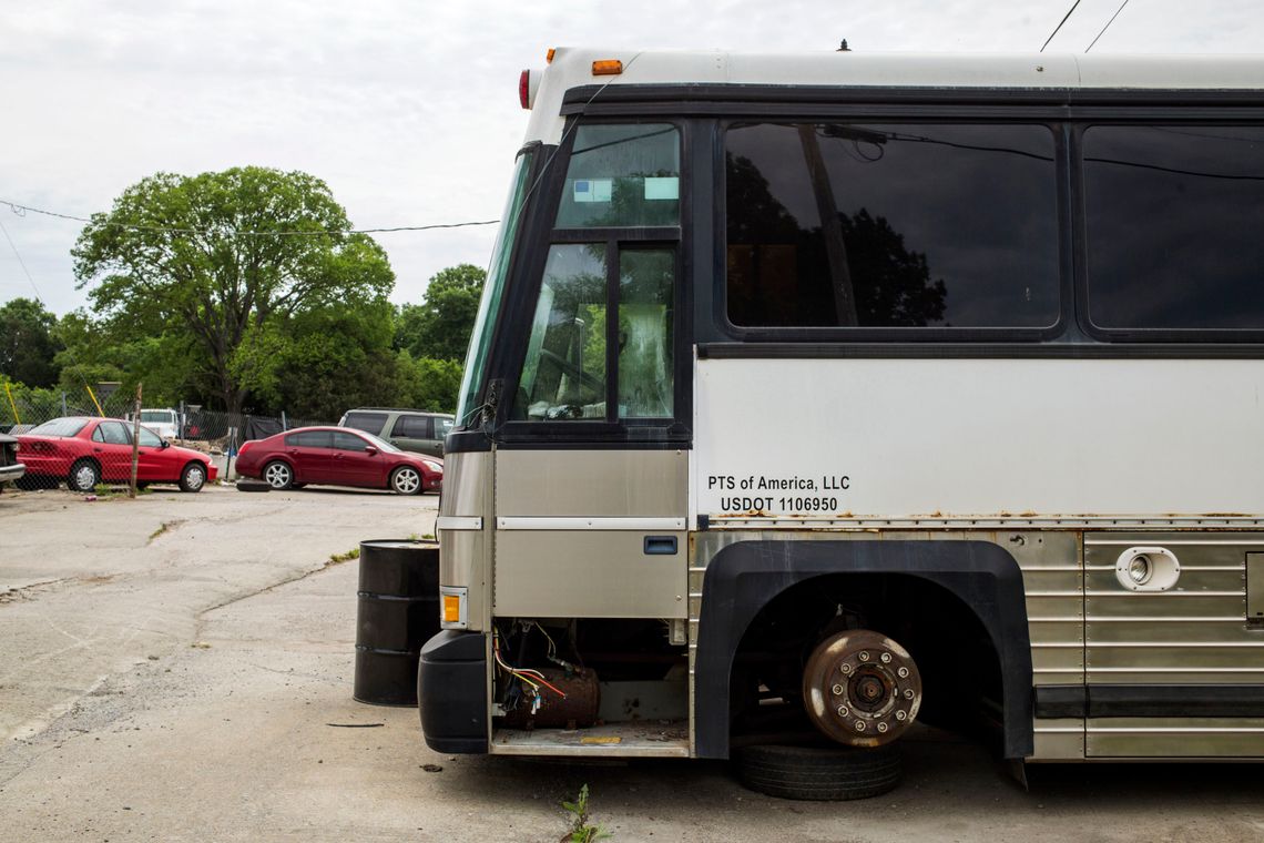 An out-of-service PTS bus at an automotive repair shop in Smyrna, Tenn., in 2016. 