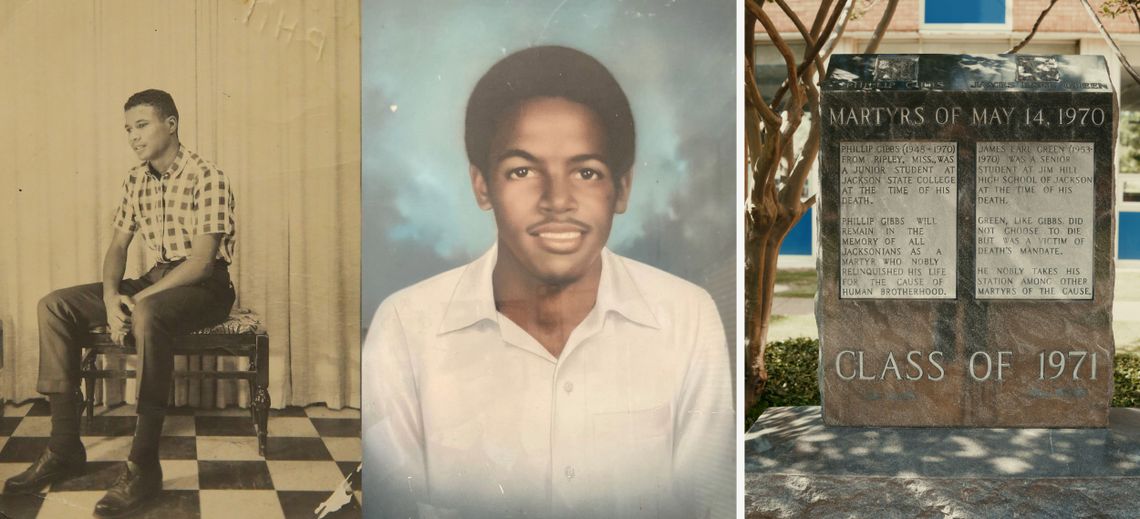 A sepia-toned photo of a young Black man, left, and a color photo of a Black teenager, center. The man on the left is wearing a checked shirt, and the teenager is wearing a white button-down shirt. A photo on the right shows a concrete monument with text about Phillip Gibbs and James Earl Green. The top of the monument reads “Martyrs of May 14, 1970.”