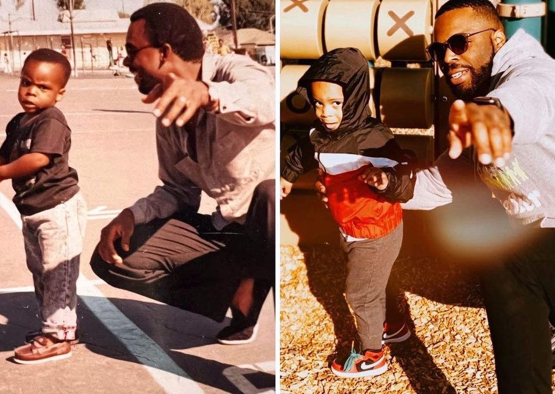 Two side-by-side photos show, on the left, a Black toddler standing next to a Black man who is crouching down while smiling at his son and pointing at the camera. On the right is a photo of a Black man wearing sunglasses crouching down next to his Black toddler son while pointing at the camera. 