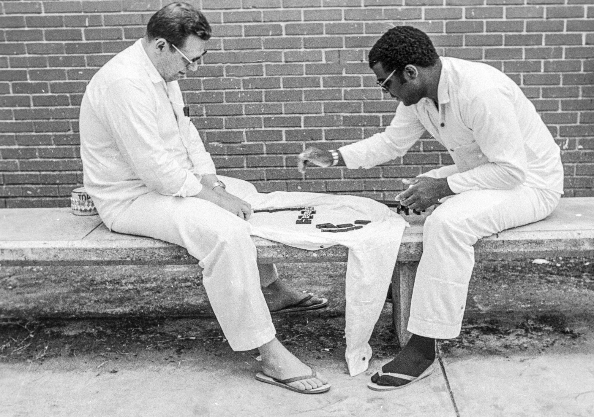 Raymond Riles, right, with Ronald O'Bryan at the Ellis Unit in Huntsville, Texas, in 1979. In that era, incarcerated people on death row could go to the exercise yard for three 90-minute periods a week.  