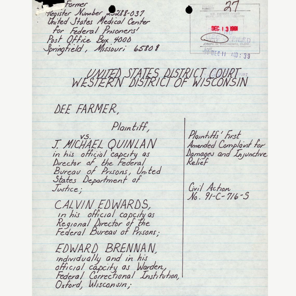 A scanned document from an amended complaint by Dee Farmer in 1991.