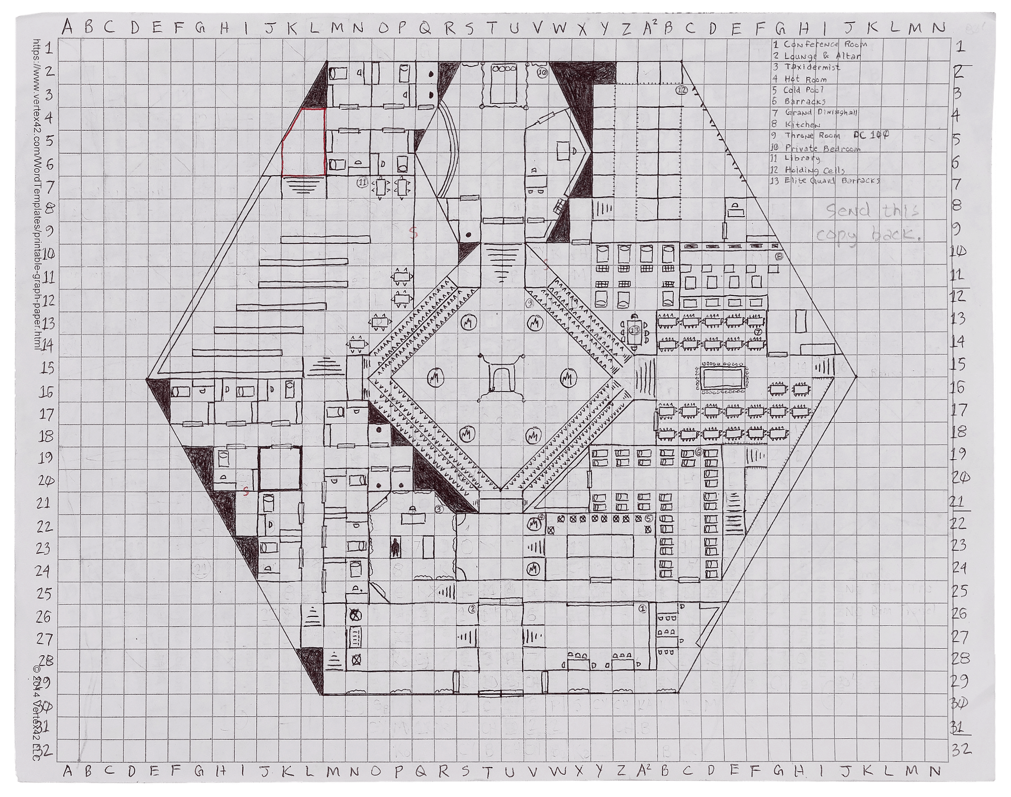 A large hexagonal outline on graph paper contains interior numbered rectangles, shapes and icons. On the right-hand side, a map legend with corresponding numbers to various shapes includes labels like “Conference Room,” “Throne Room,” and “Library.” 