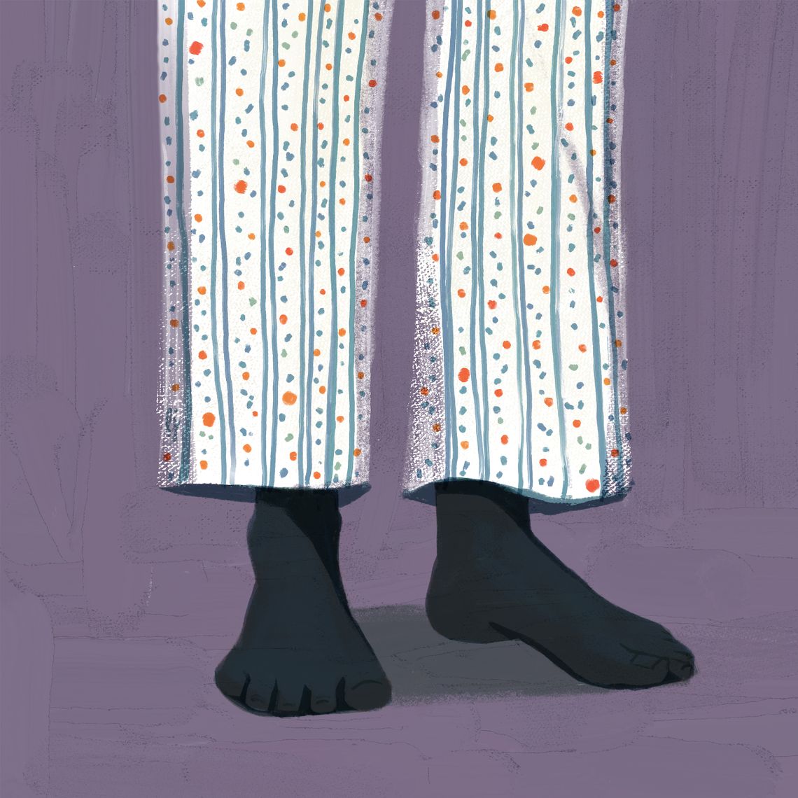 An illustration shows the legs of a person wearing patterned blue, orange and white pajama pants. The background of the illustration is pale purple. 