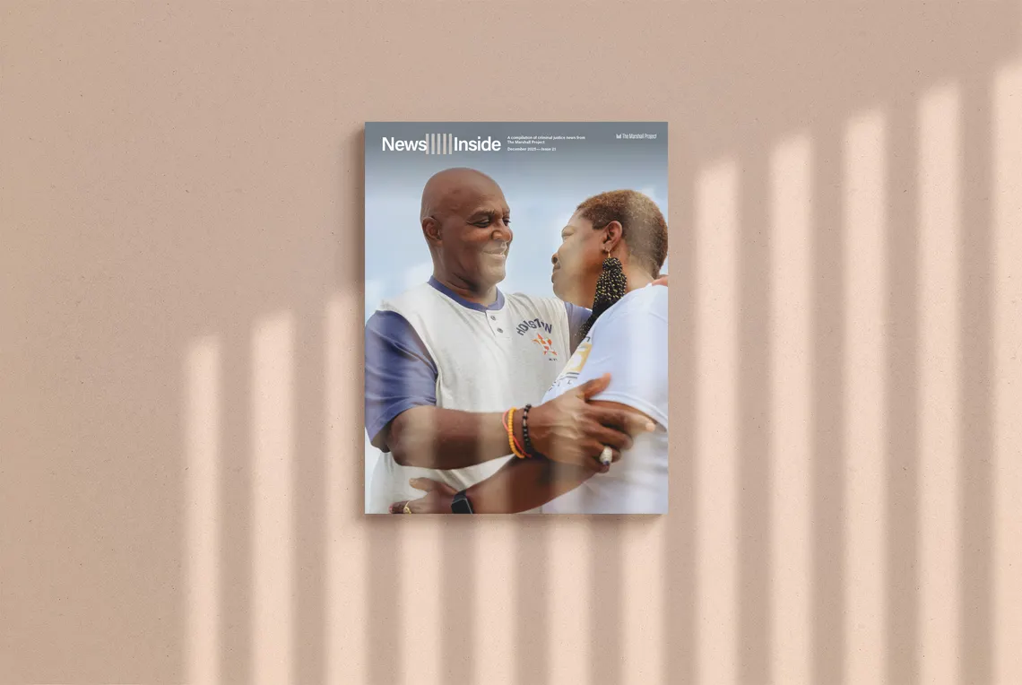 A magazine called News Inside set against a grainy tan backdrop. Light refracted through prison bars shines onto the magazine.