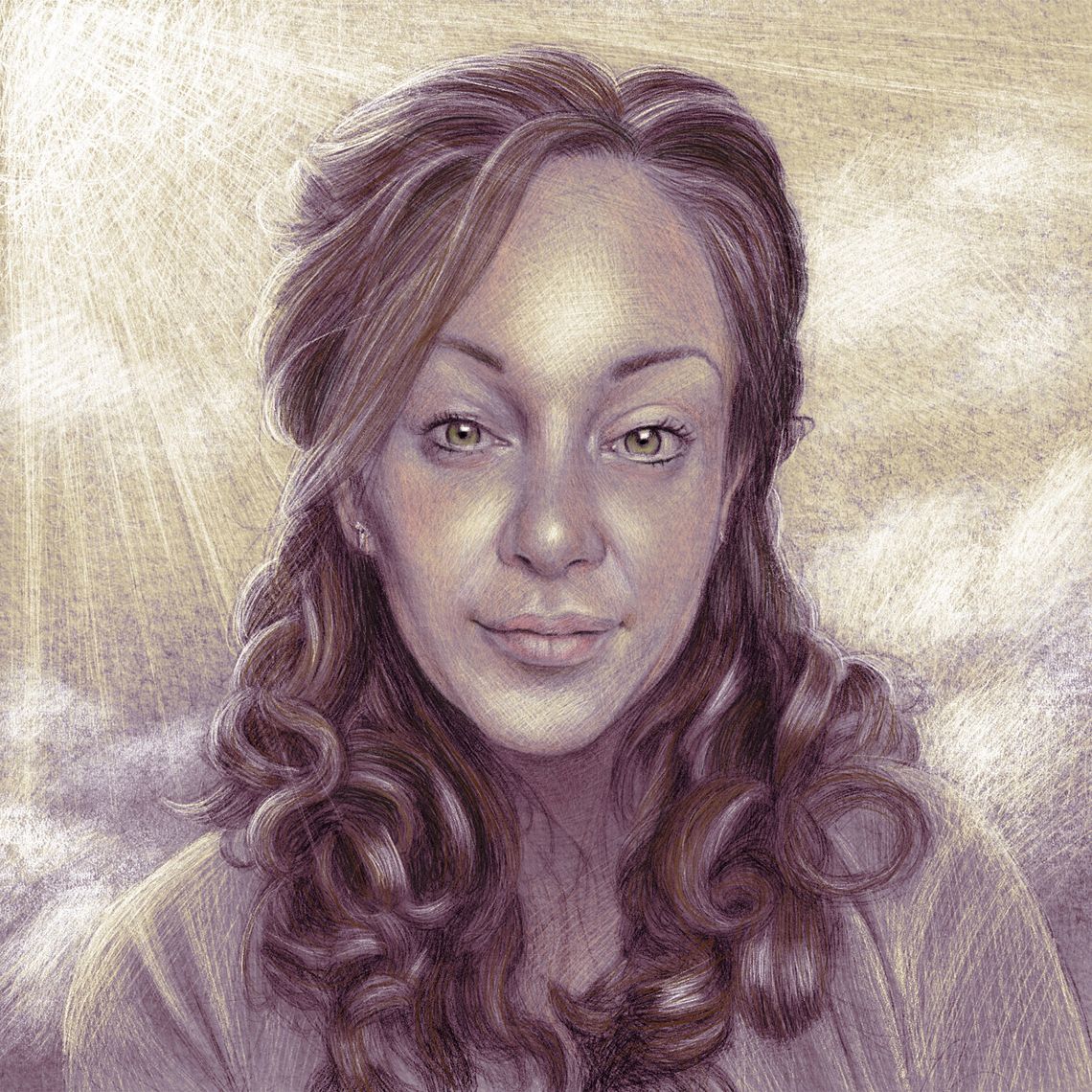 An illustration shows a portrait of a woman with green eyes, wearing a blouse and earrings. Clouds and yellow sun rays are in the background.