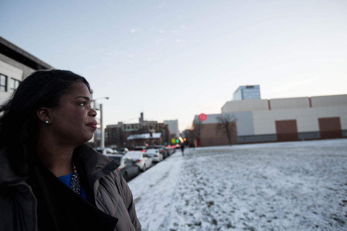 Foxx stands next to an empty lot that was once the Cabrini-Green housing project where she grew up.