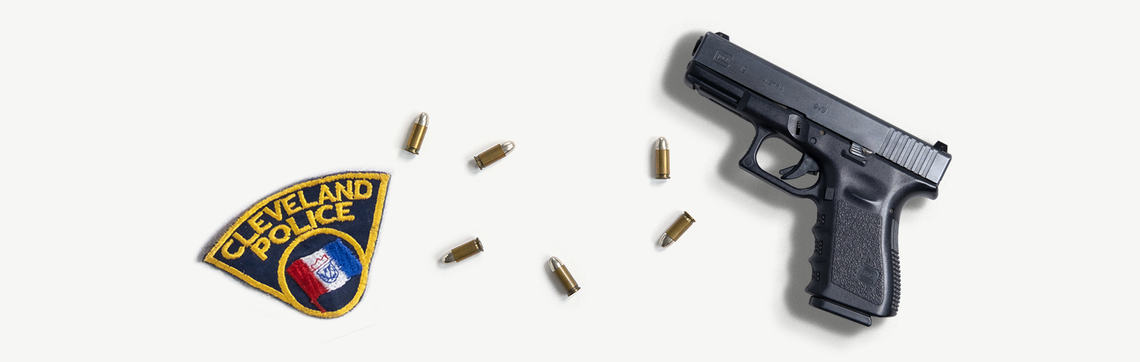 A Cleveland police patch, six scattered bullets and a gun, on a white background. 