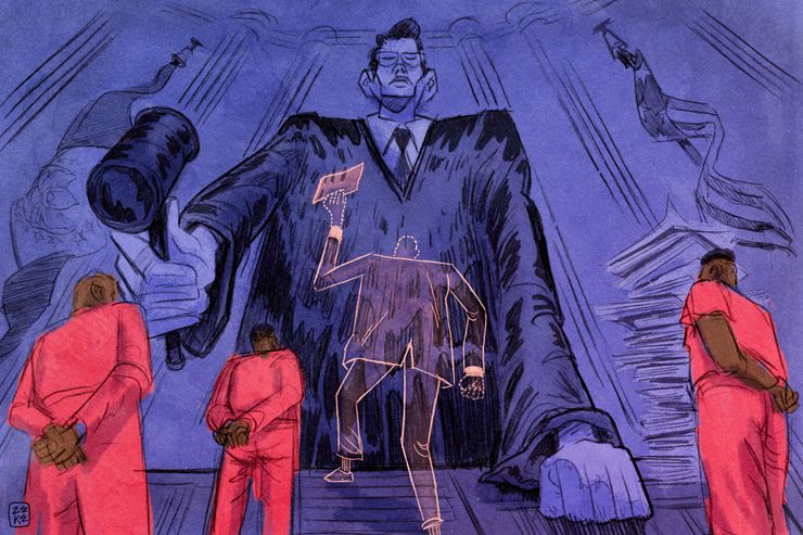 An illustration shows an outline of a lawyer raising their arm up while holding a document. The lawyer stands in front of a judge, who is also holding a gavel. People in orange prison uniforms stand in the foreground. 