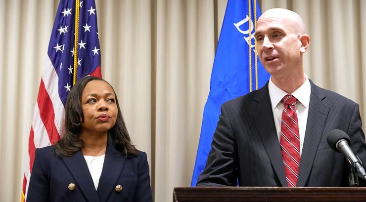 U.S. Attorney Todd Gee for the Southern District of Mississippi, right, at a news conference in Jackson in 2023 with Assistant Attorney General Kristen Clarke of the U.S. Department of Justice Civil Rights Division.  