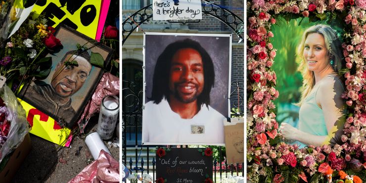 From left, memorials for George Floyd, Philando Castile, and Justine Ruszczyk Damond, who were killed by Minneapolis area police officers.  