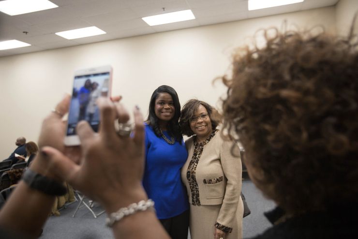 Kim Foxx, left, was a guest speaker at the Chatham Business Association on Chicago’s South Side in late 2017.