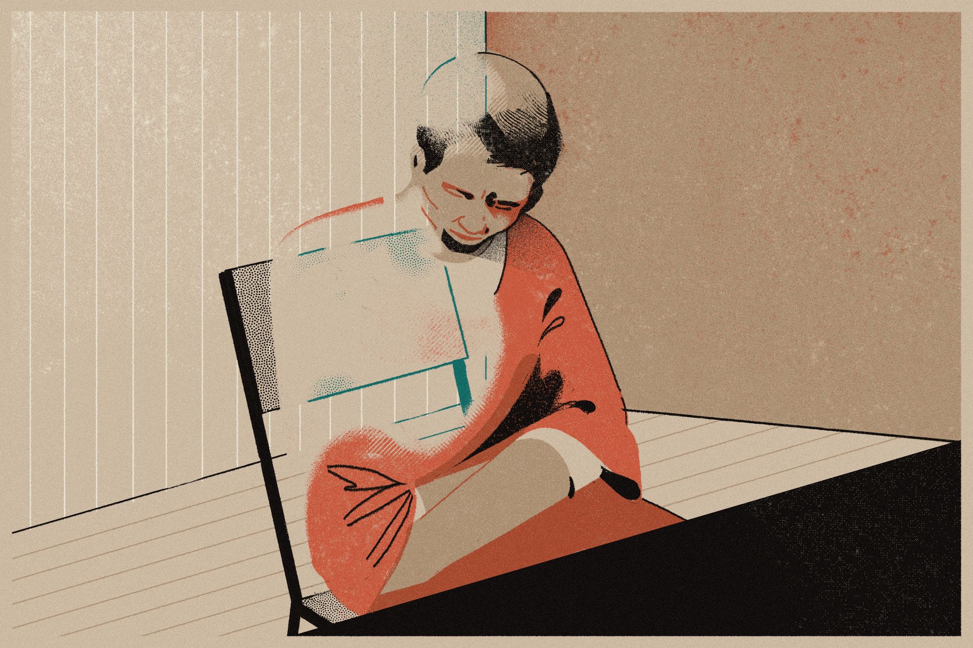 An illustration shows a man in an orange jail uniform sitting at a table with his arms crossed and head down. Part of the man appears transparent. 