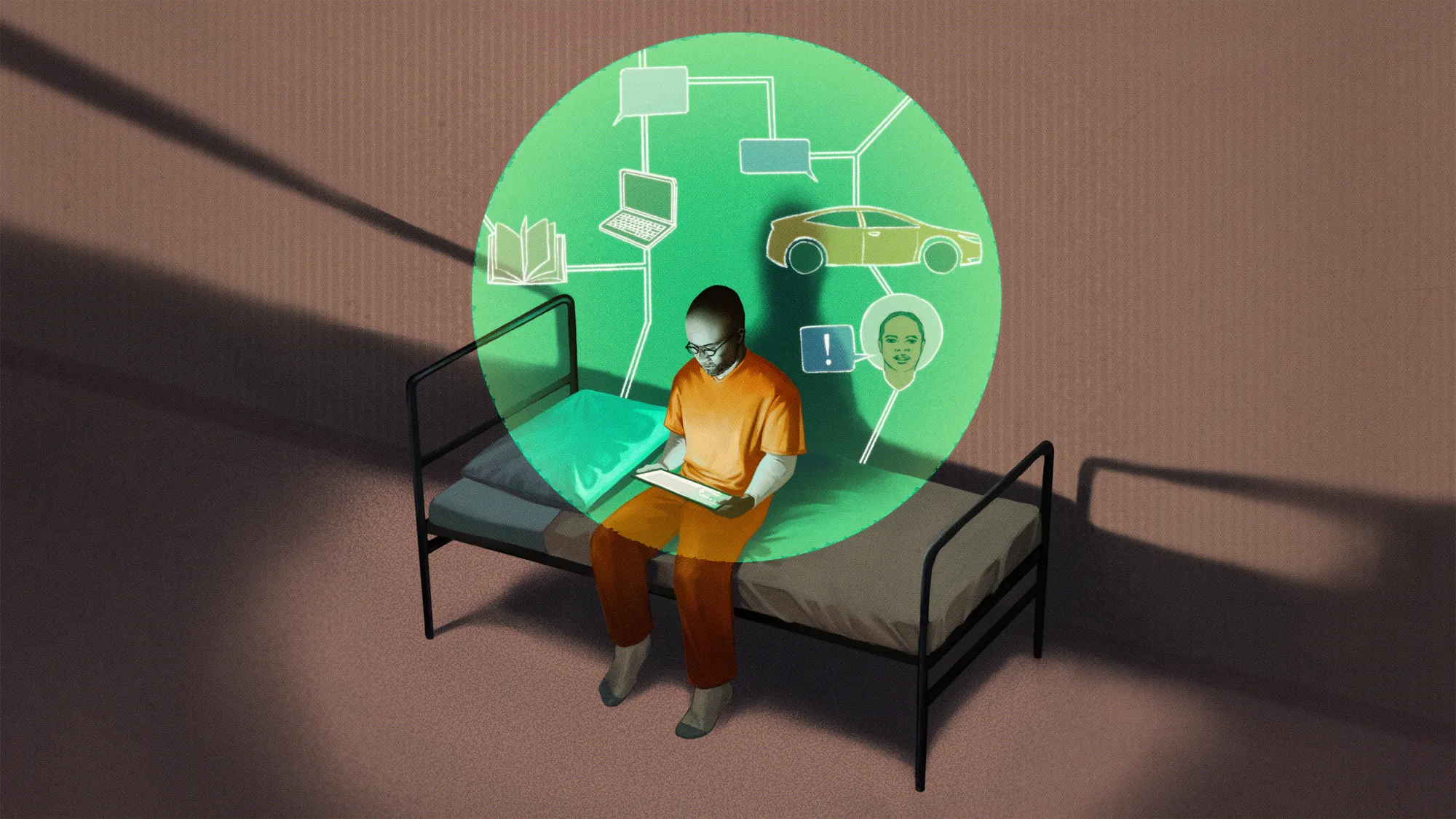 An illustration shows a Black man with glasses holding an electronic tablet, wearing orange, and sitting on a bed in a room.  There is a green circle around his upper body, and in the circle are drawings of a book, a laptop, a car, and his son speaking.  