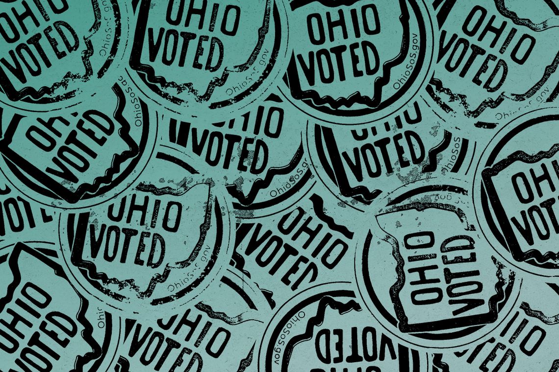 A collage illustration of light blue stickers that read “Ohio voted” within the outline of Ohio state. 