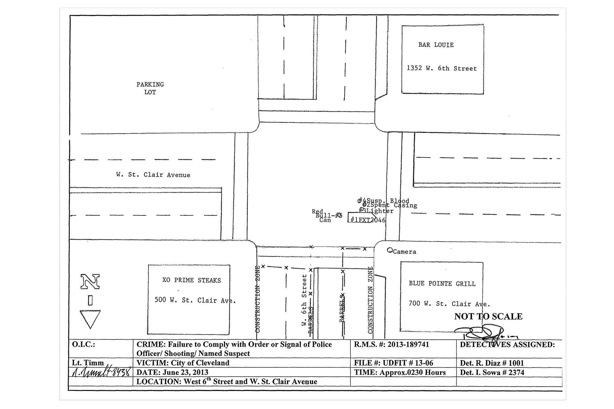 A black-and-white diagram and map of the intersection where Greg Love was shot. On the diagram in the center, the text reads: “Susp blood” and “2 spent casing.”