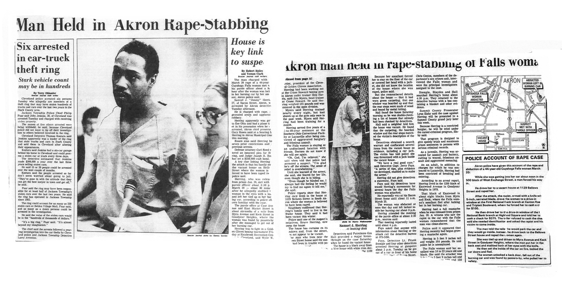 Fragments of newspaper clips show an article from the Akron Beacon Journal reporting on Samuel Herring’s arrest. The headlines read “Man held in Akron rape-stabbing” and “Akron man held in rape-stabbing of Falls woman.”