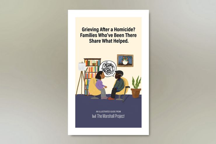 An illustration shows a tan-skinned person, wearing a purple sweater and gray pants, talking to a Black person across from them who is wearing glasses, a green sweater and black pants. A speech bubble with a scribble inside points from the Black person. In the background, there is a lamp, a bookshelf, a hanging frame and a plant. A title is placed on top of the illustration that reads, "Grieving after a homicide? Families who've been there share what helped." 