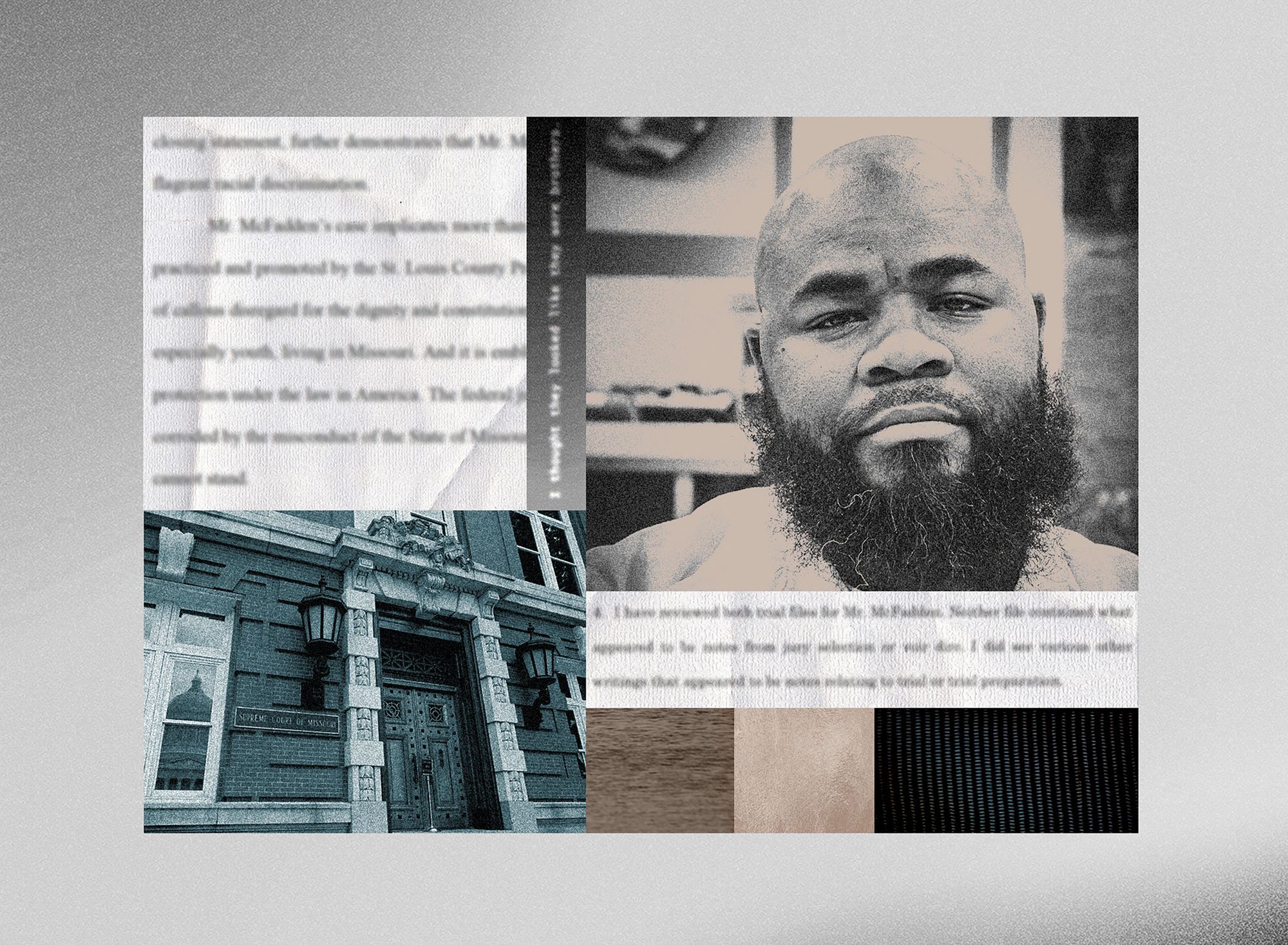 A collage shows images of clippings of a legal document, a black-and-white photo of a Black man with a bushy beard, images of various textures and a photo of the entrance to the Missouri Supreme Court.