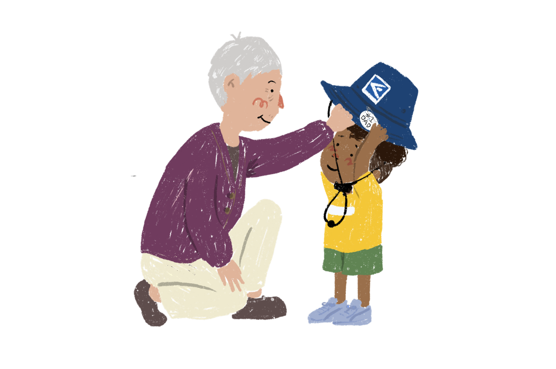 An illustration shows an older person kneeling as they place a postal service hat on a child. There is a sticker on the hat that reads “#1 dad.”