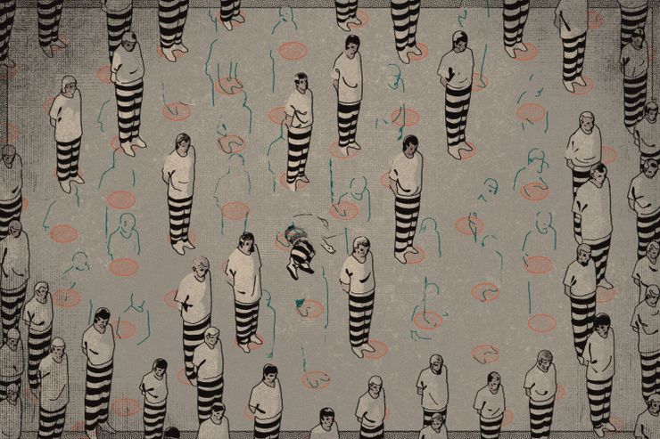 An illustration shows an overhead view of a crowd of incarcerated people wearing plain shirts and striped pants. The people are standing with their arms behind their backs while one person, shown with a faded outline, lies on the floor. Between the people are faded blue outlines of other incarcerated people over orange circles.
