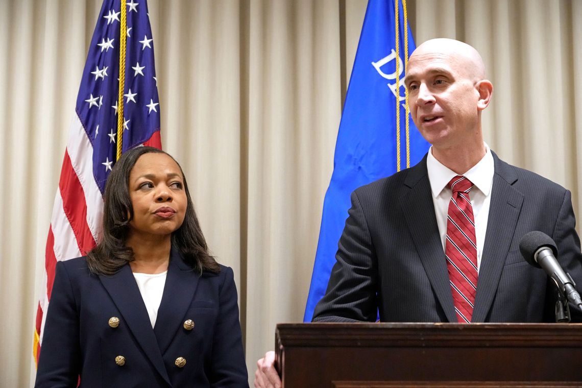 U.S. Attorney Todd Gee for the Southern District of Mississippi, right, at a news conference in Jackson in 2023 with Assistant Attorney General Kristen Clarke of the U.S. Department of Justice Civil Rights Division. 