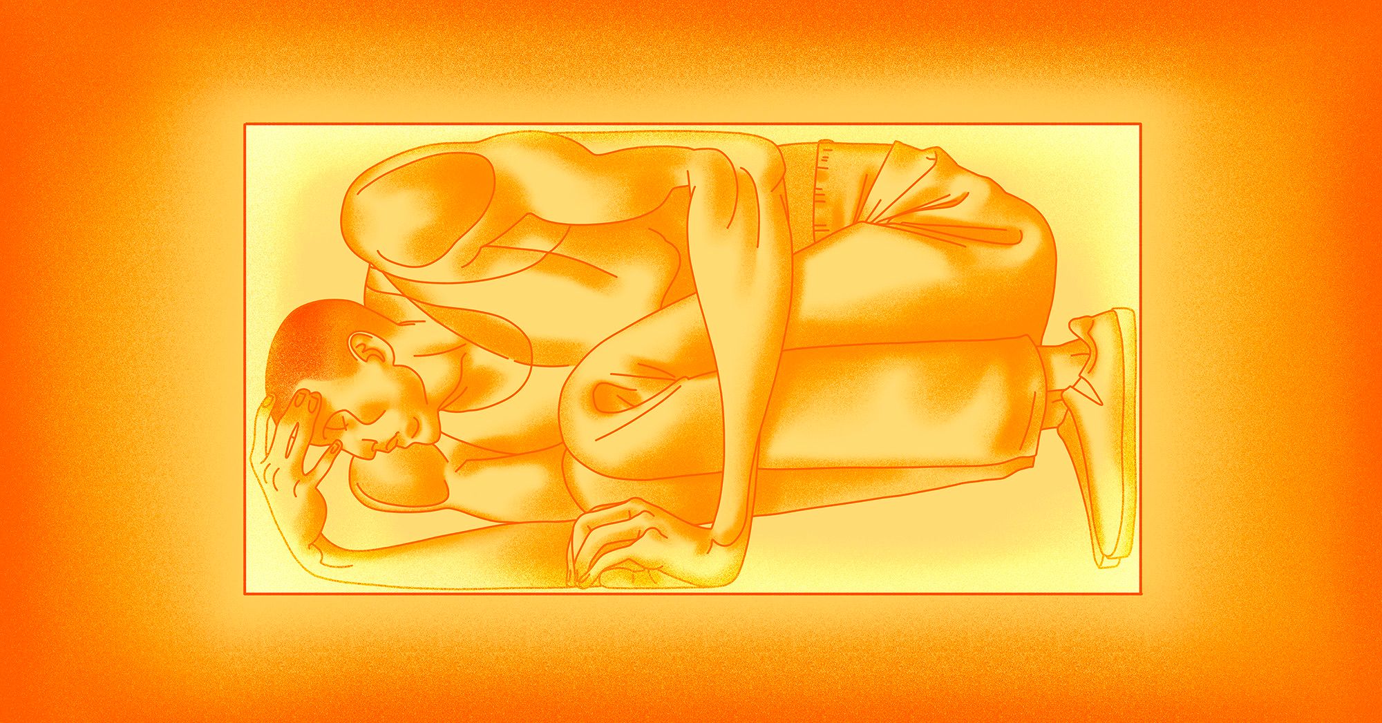 An illustration shows a yellow and orange illustration of a person, wearing a tank top, pants and shoes, laying down in a fetal position within a box. 