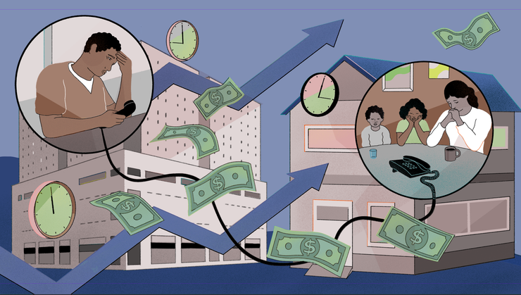 An illustration shows a man in prison with an upset expression on his face on the left, calling his family outside of prison, who are on the right side of the image, and also have upset expressions.  In the background is an image of a prison on the left, and a home on the right.  Dollars float in the foreground of the image, and two arrows pointing upwards indicate the rising cost of calls. 