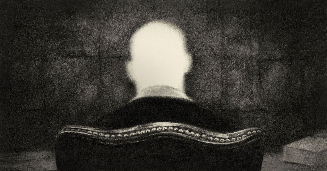 An illustration shows the back of a judge sitting on a chair. The head is a white, hollow silhouette. A paper stack is placed in the bottom right corner.