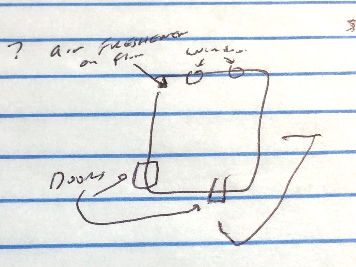 A drawing of the media viewing room, by Tim Evans, investigative reporter for the Indianapolis Star. 