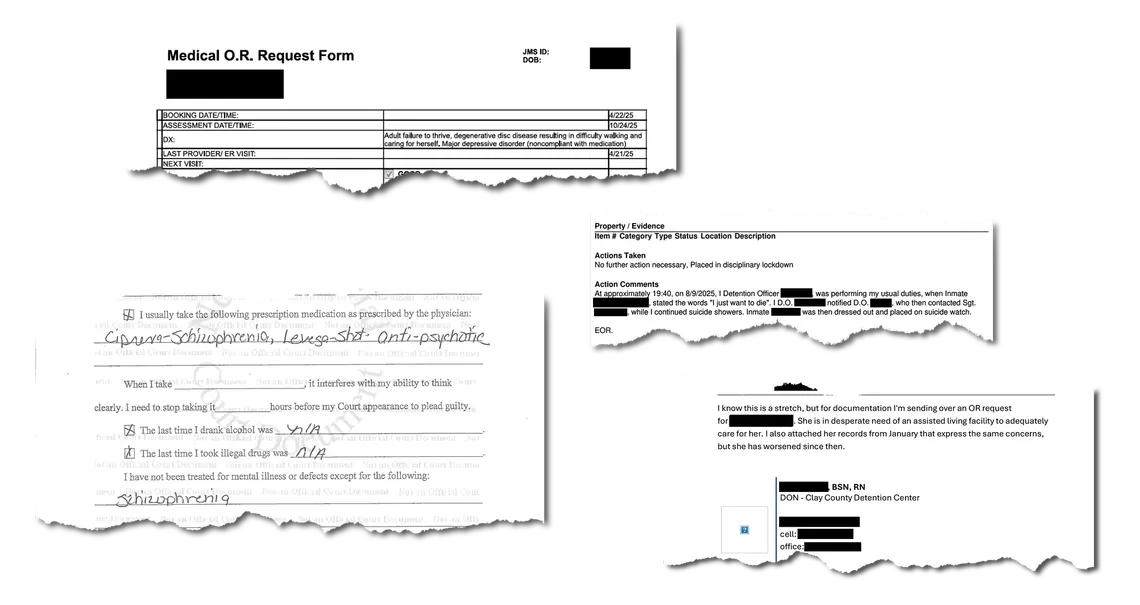 An image shows multiple tearsheets of medical records and court documents.