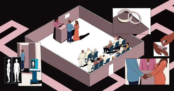 An illustration shows an aerial view of a couple getting married inside a room. The couple stands in front of an officiant at a podium. Guests are seated behind the couple. Four panels at the edge of the illustration suggest a person in a blue prison uniform being body scanned, a couple holding hands, a hand getting stamped and wedding rings on a table.