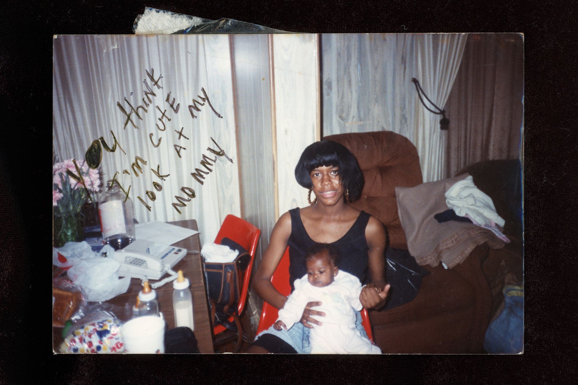 An archival image of Chaney and her mother Lashonia reads “You think I’m cute, look at my mommy.” As Chaney got older, people began pointing out her striking resemblance to her mother, affecting how she viewed her identity and future.