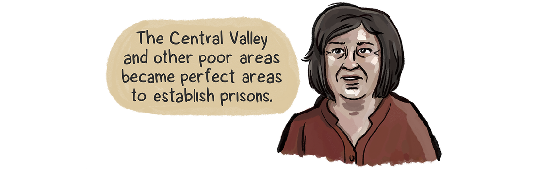 A White woman with dark brown hair and a red shirt named Jeanette Todd says, “The Central Valley and other poor areas became perfect areas to establish prisons.”