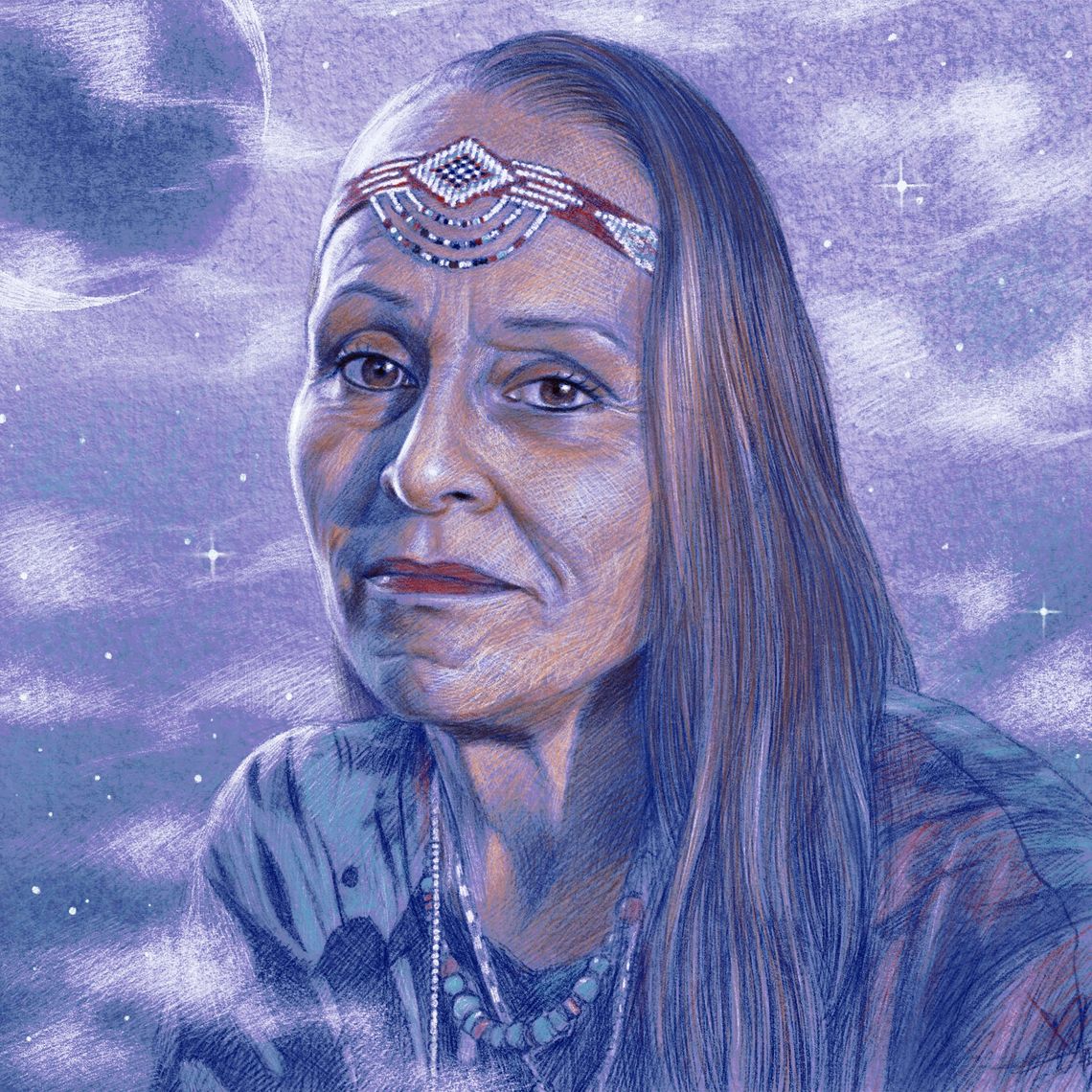 An illustration shows a portrait of an older Indigenous woman, wearing a red and white tribal headband, beaded necklaces and shirt. Clouds and a purple moon are in the background.