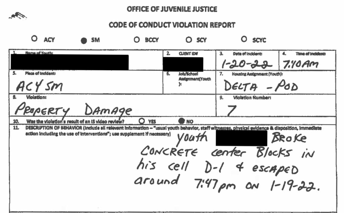 An incident report from the Office of Juvenile Justice has handwritten notes, including one that says "Youth broke concrete center blocks in his cell D-1 and escaped around 7:47pm on 1-19-22." 