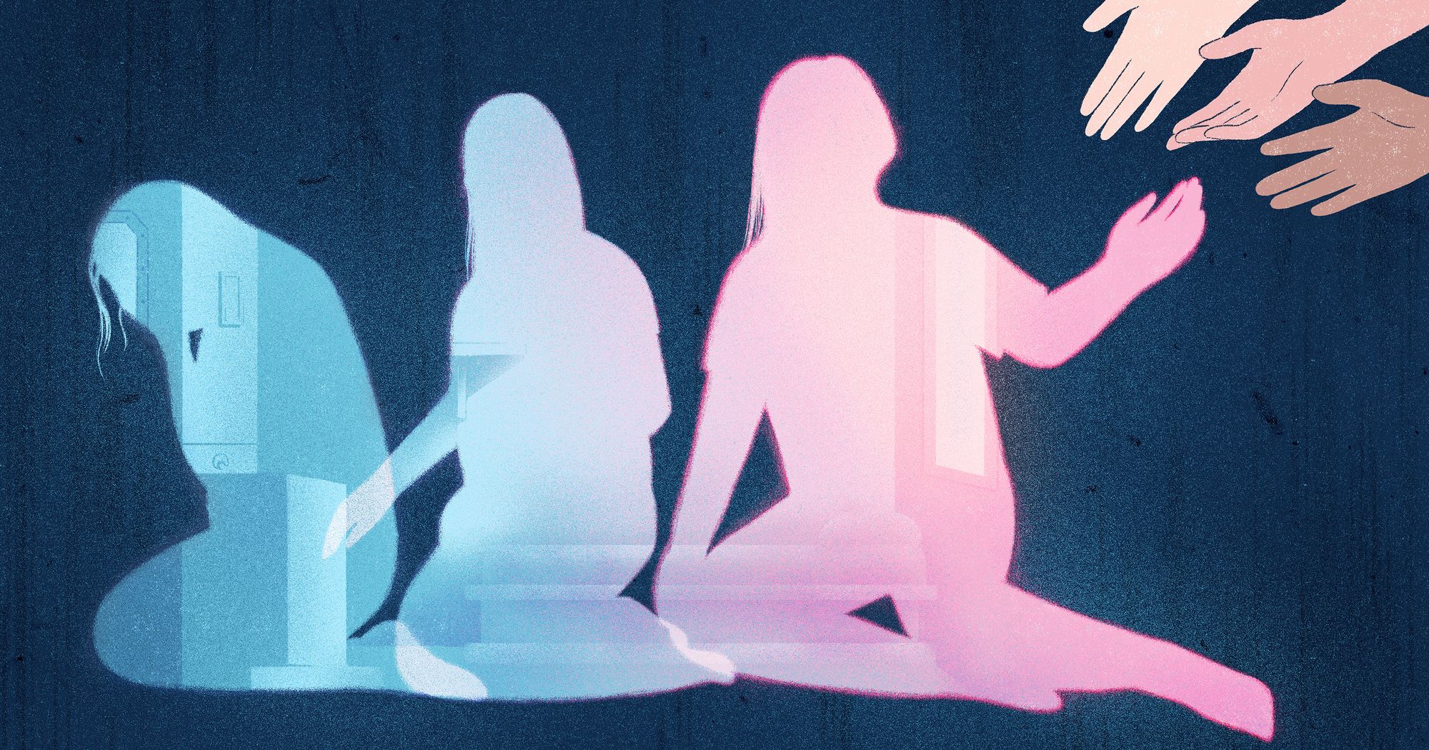 An illustration shows three silhouettes of the same woman sitting on the ground, in a gradient from blue to pink, the colors of the transgender flag. From left, she has her head lowered and her face in her hands; she is sitting up; and she is reaching out to three hands with different skin tones reaching out to her from the top right corner of the illustration.  